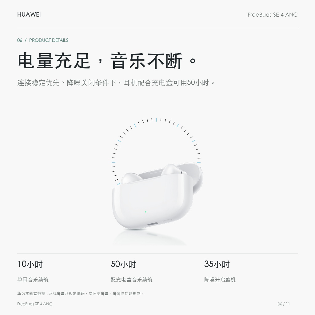 华为 FreeBuds SE 4 ANC 真无线耳机 电量充足，音乐不断。