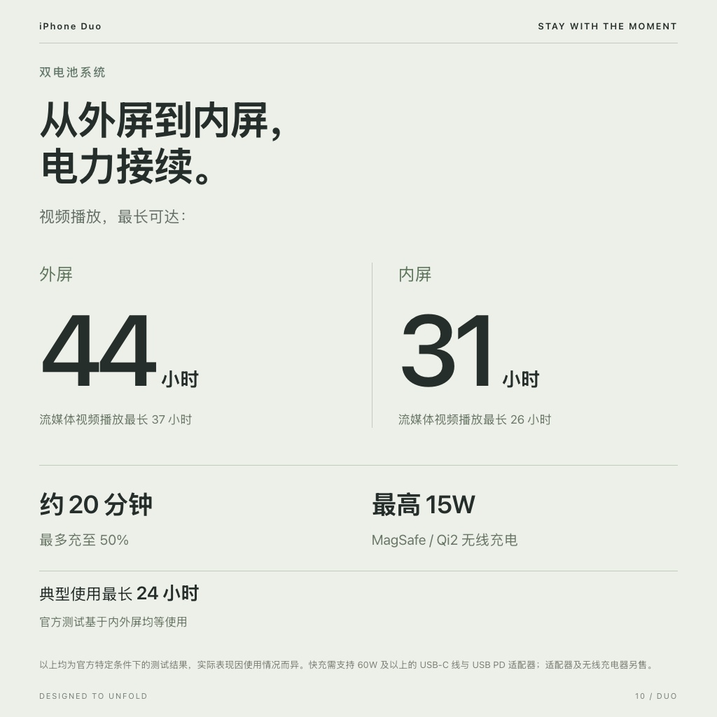 双电池与充电：从外屏到内屏，电力接续。
