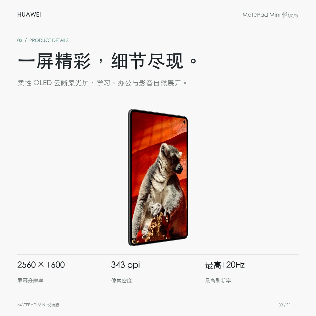 HUAWEI MatePad Mini 悦读版 柔光屏 一屏精彩，细节尽现。