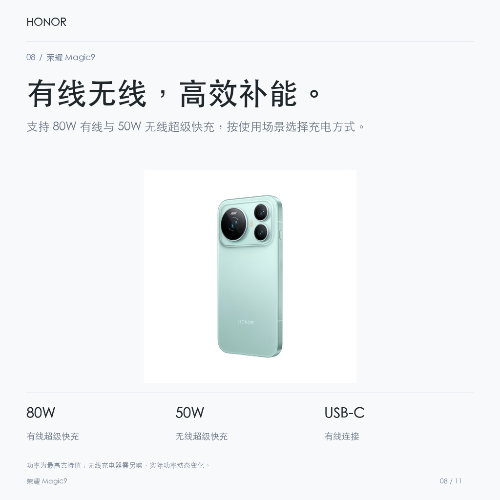 荣耀 Magic9 有线无线，高效补能。
