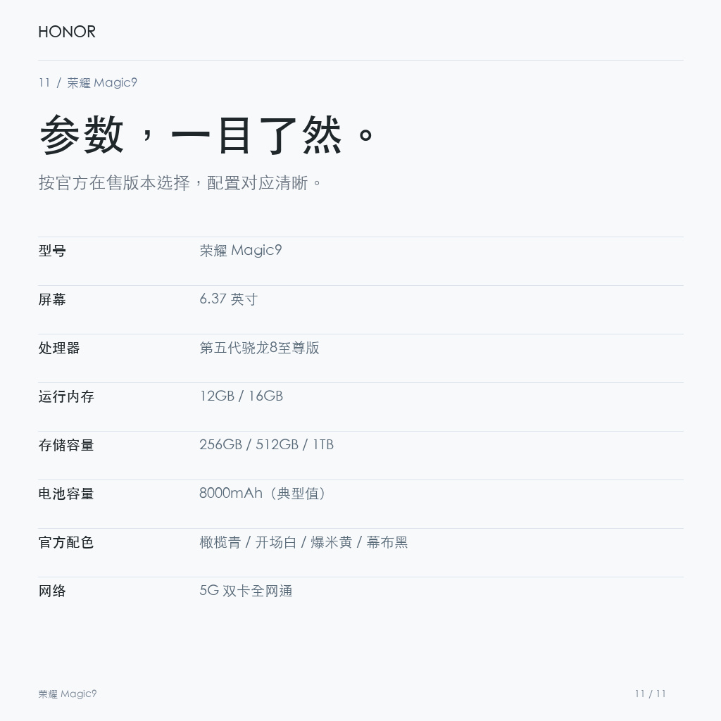 荣耀 Magic9 主要参数