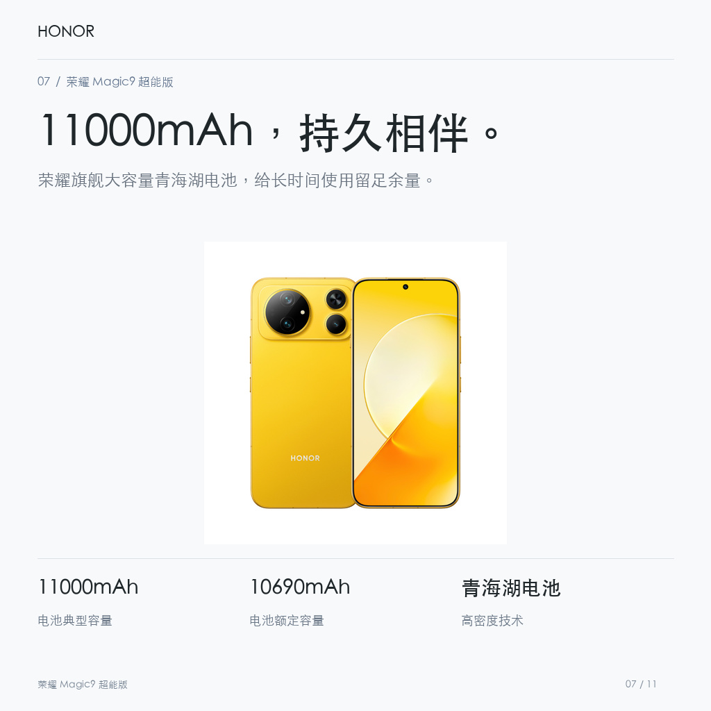 荣耀 Magic9 超能版 11000mAh，持久相伴。