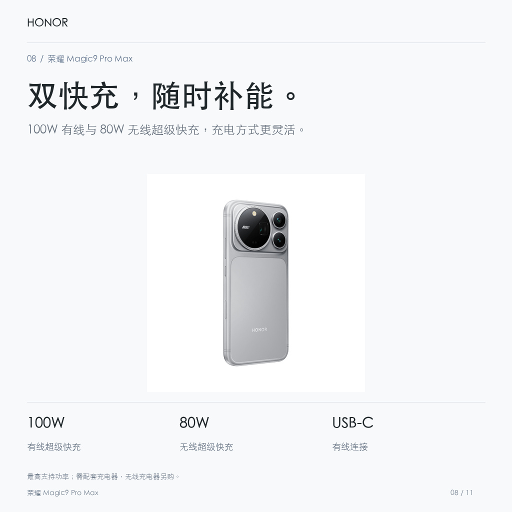 荣耀 Magic9 Pro Max 双快充，随时补能。
