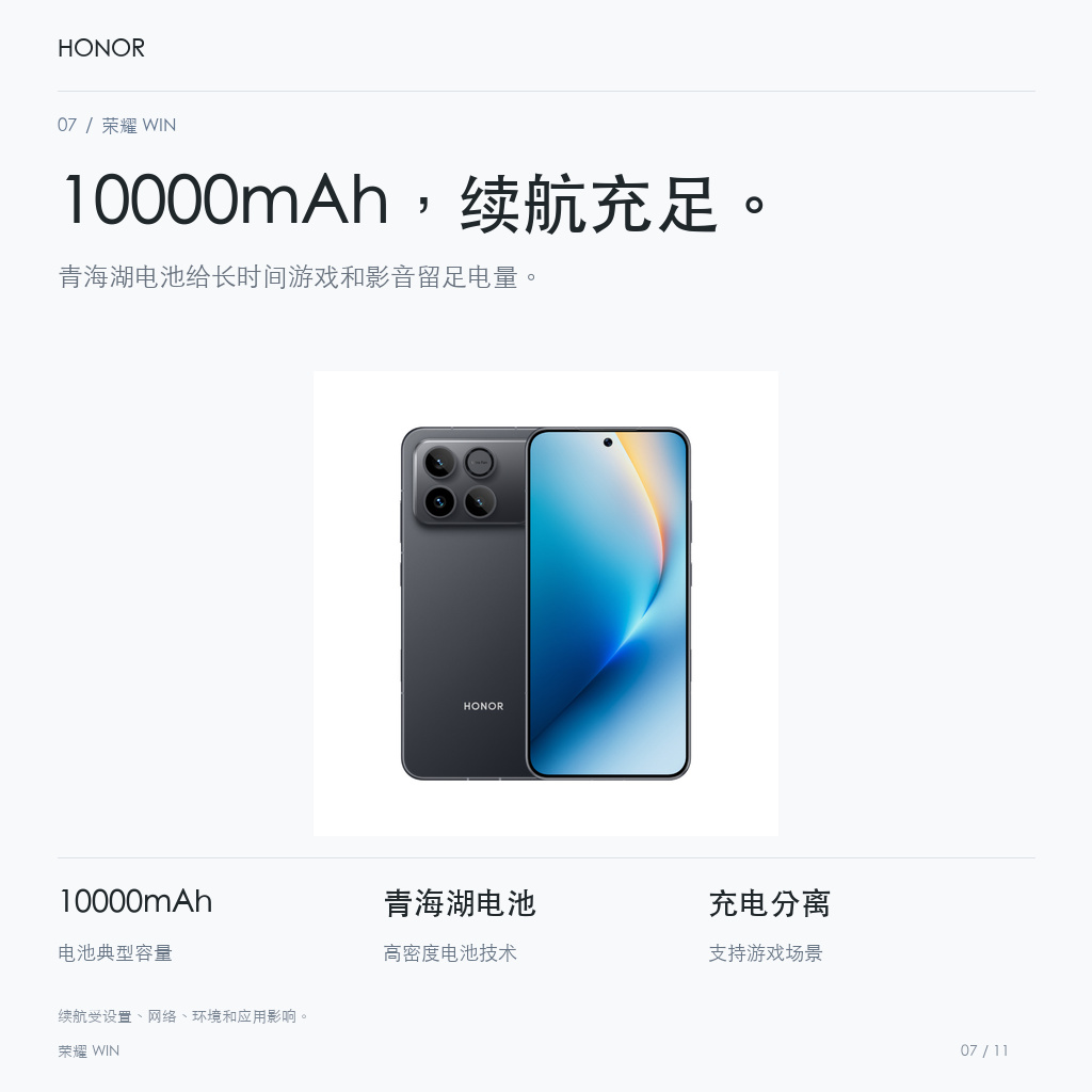 荣耀 WIN 10000mAh，续航充足。