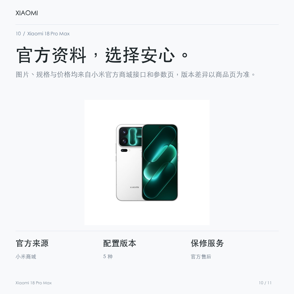 Xiaomi 18 Pro Max 官方资料，选择安心。