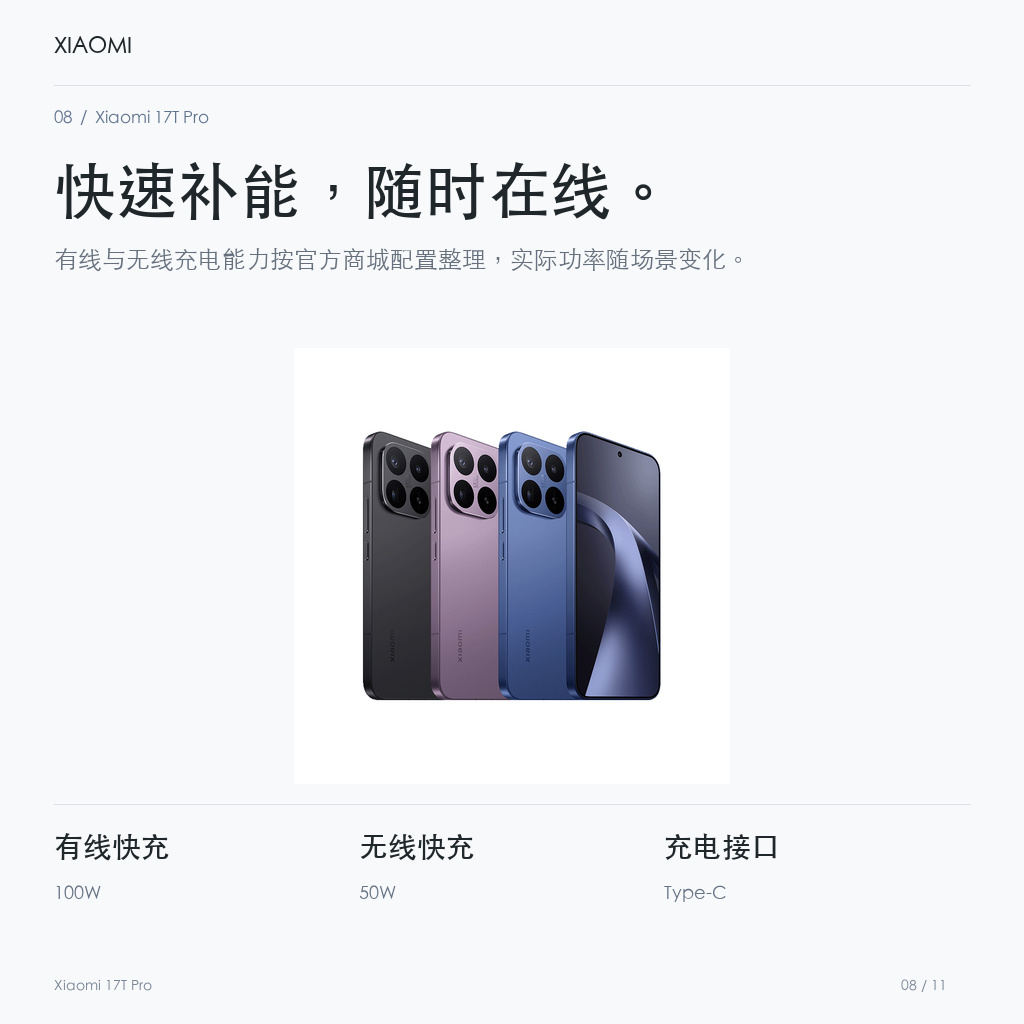 Xiaomi 17T Pro 快速补能，随时在线。