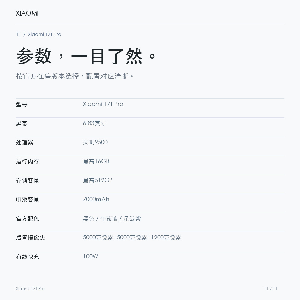 Xiaomi 17T Pro 主要参数