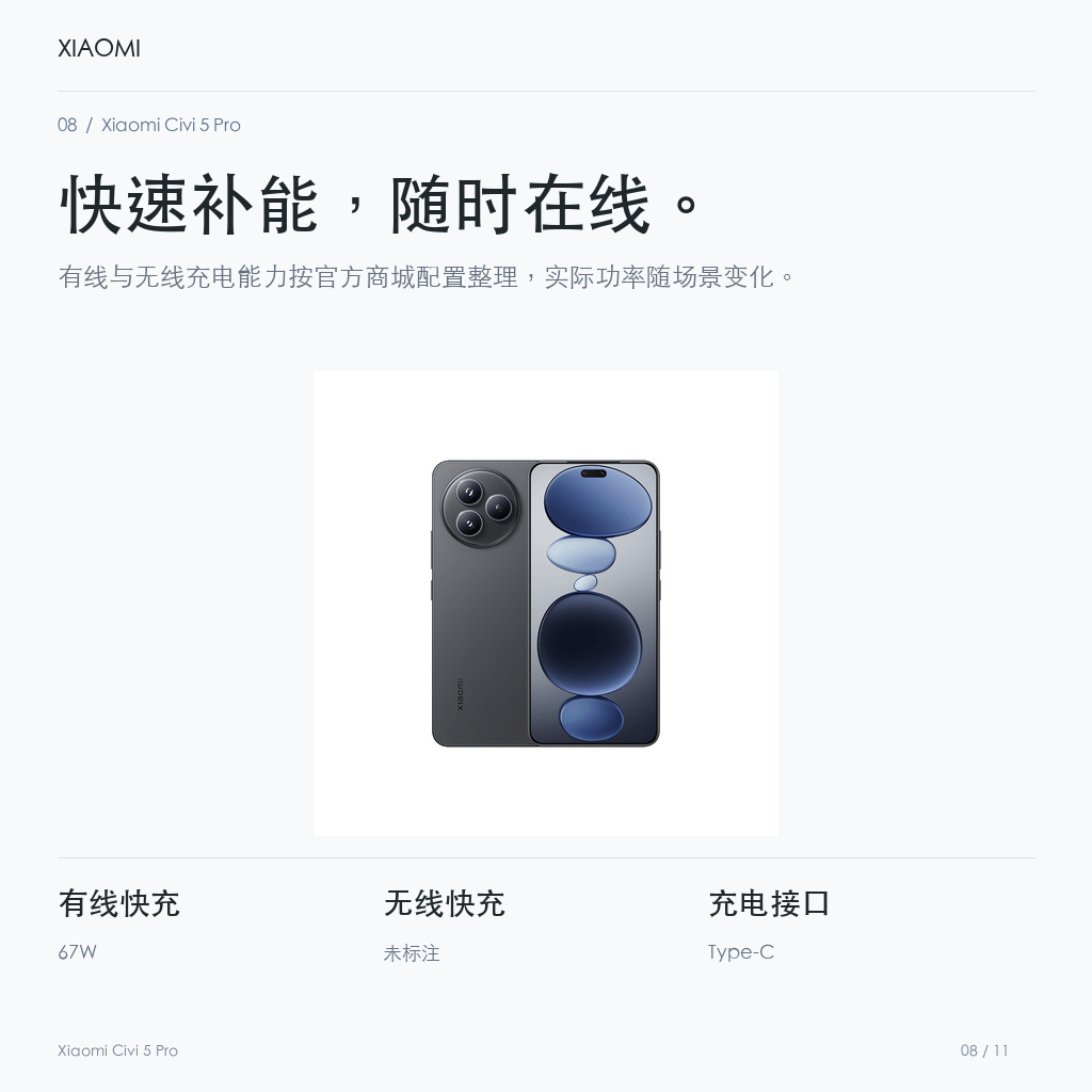 Xiaomi Civi 5 Pro 快速补能，随时在线。