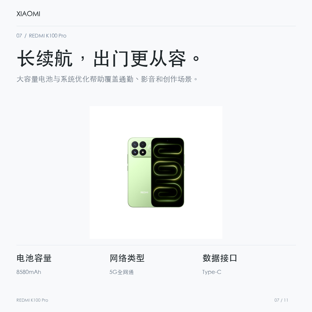REDMI K100 Pro 长续航，出门更从容。