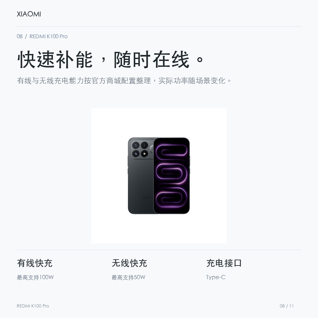 REDMI K100 Pro 快速补能，随时在线。