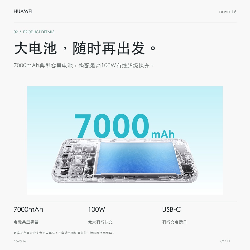 华为 nova 16 大电池，随时再出发。