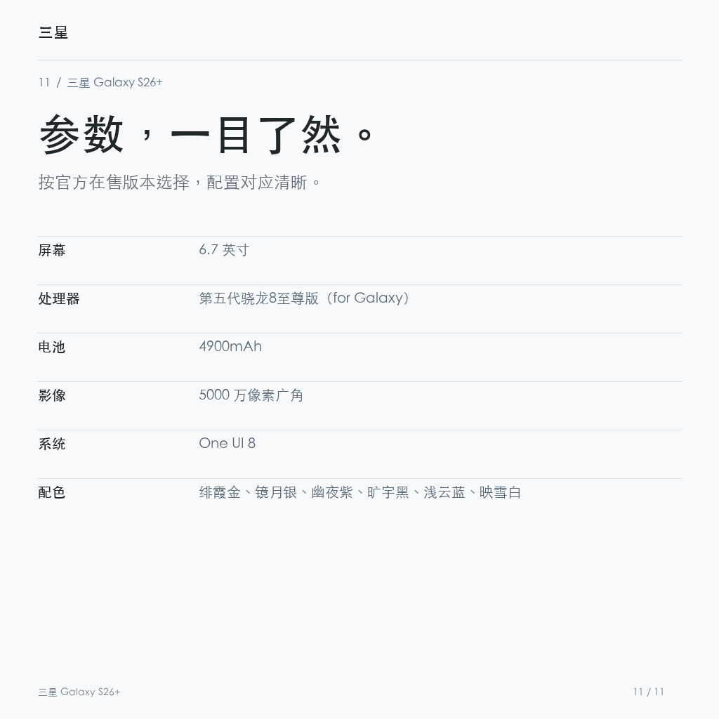 三星 Galaxy S26+ 主要参数