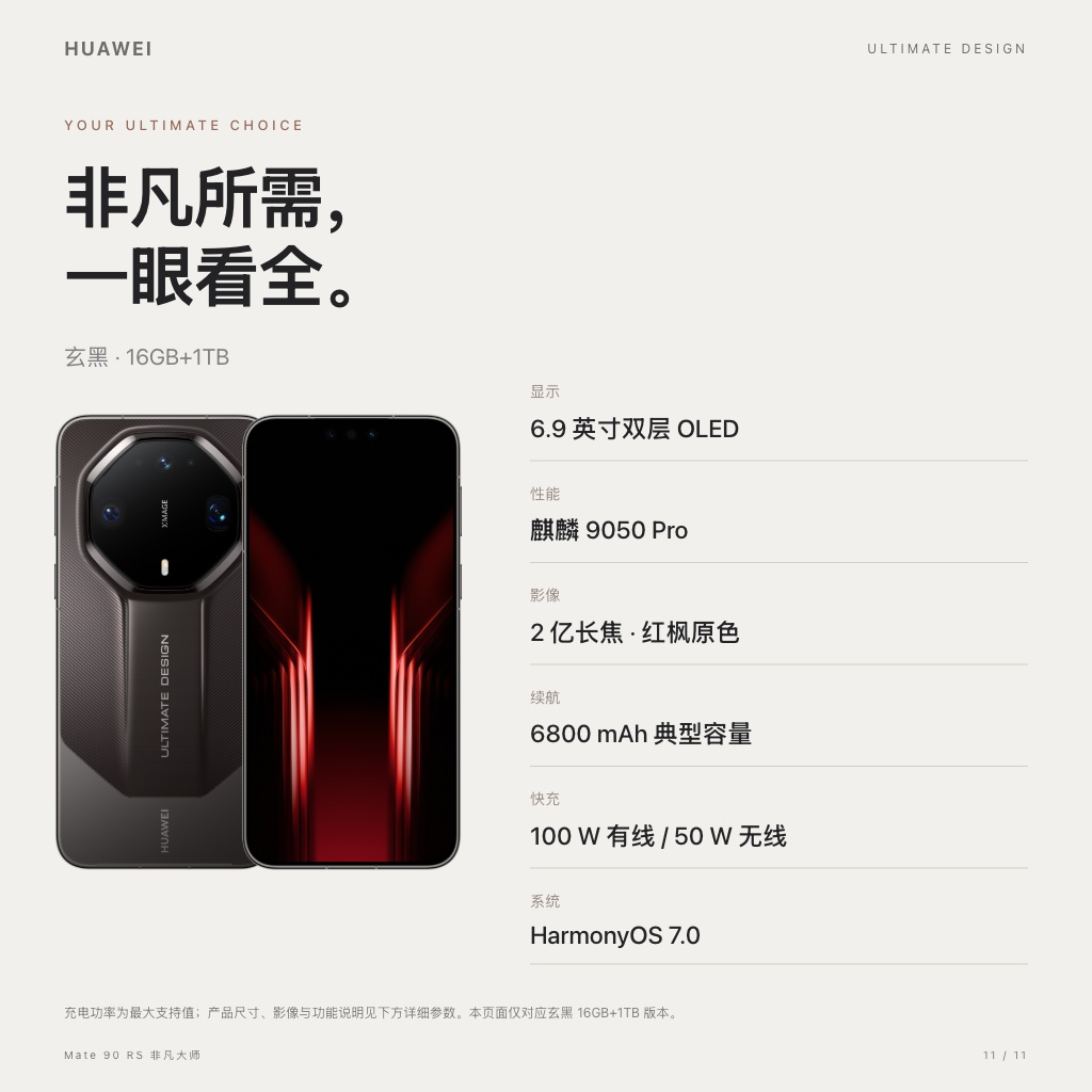 HUAWEI Mate 90 RS 非凡大师 · 核心参数一览