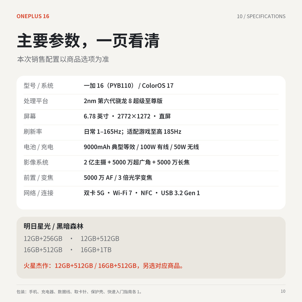一加16主要参数、四档常规配置、两档火星杰作配置与包装清单
