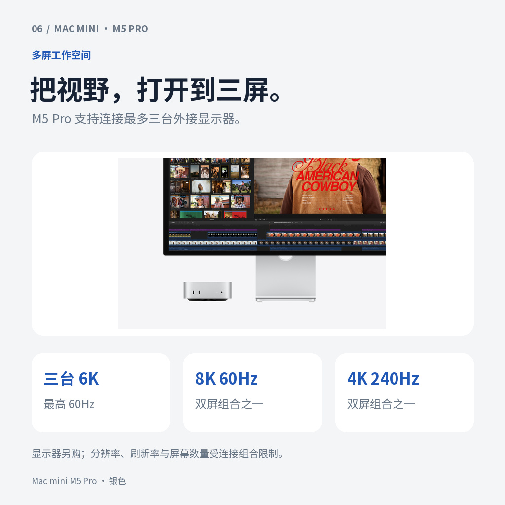 最多三台外接显示器。支持通过雷雳和HDMI端口组合连接最多三台显示器。最高分辨率、刷新率与屏幕数量取决于所选连接组合。显示器另购。