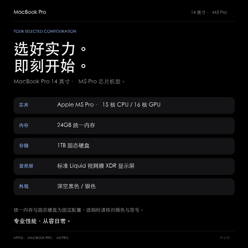 M5 Pro、24GB统一内存、1TB固态硬盘标准显示屏配置