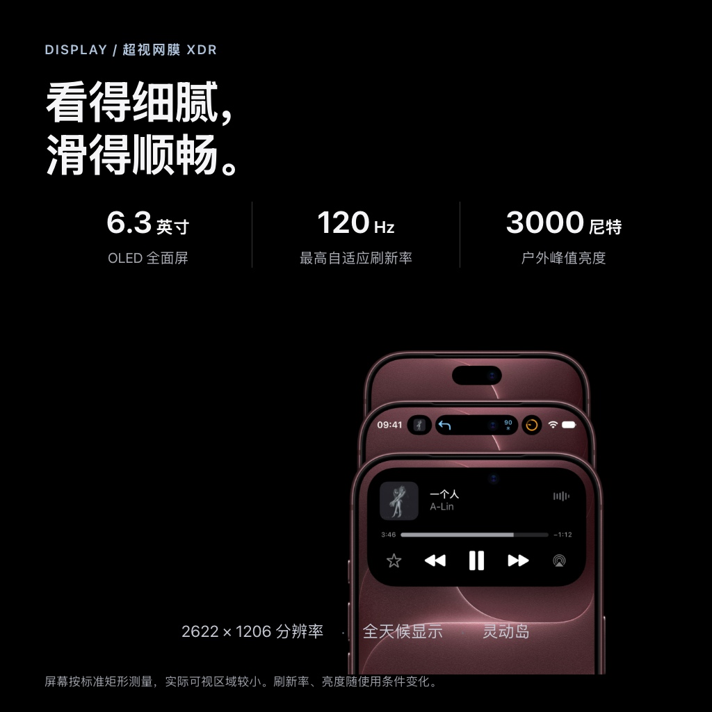 6.3 英寸 OLED 超视网膜 XDR 显示屏，ProMotion 自适应刷新率最高 120Hz，户外峰值亮度 3000 尼特；支持灵动岛与全天候显示。