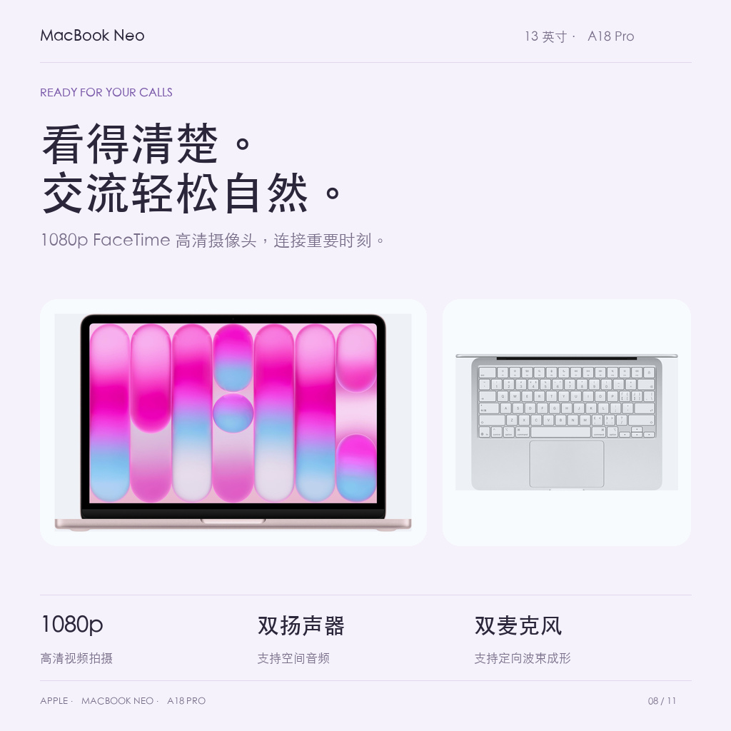 1080p摄像头、双扬声器与双麦克风