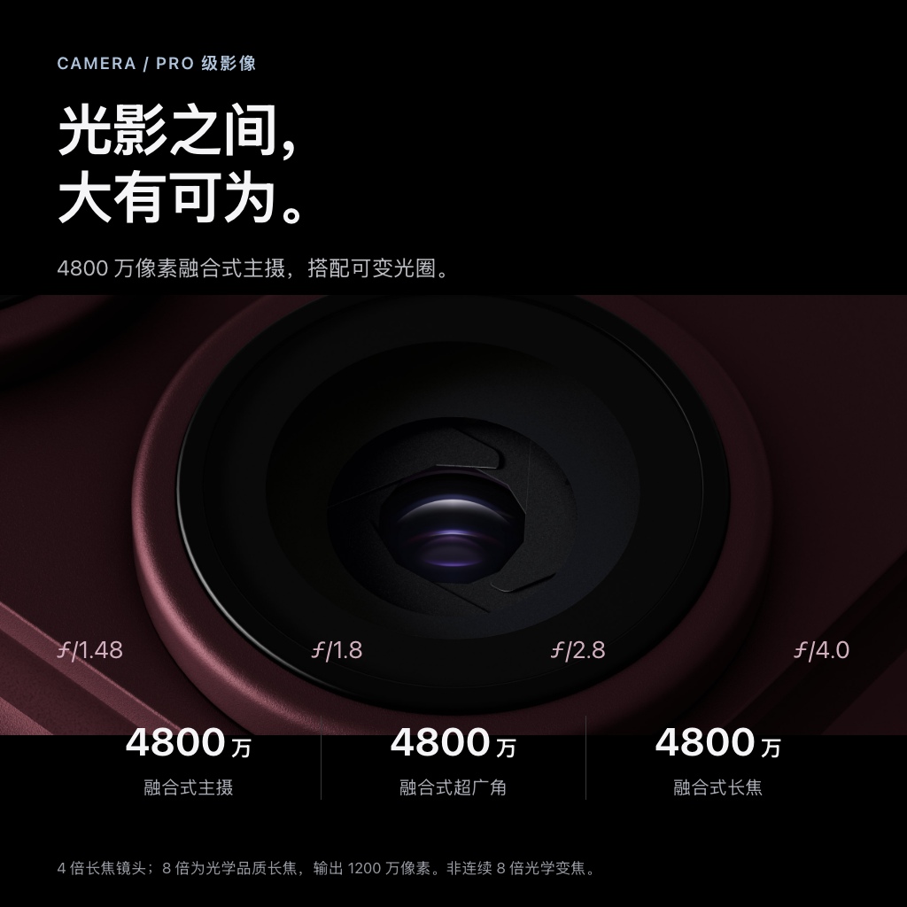 4800 万像素融合式主摄、超广角与长焦，可变光圈支持 ƒ/1.48、ƒ/1.8、ƒ/2.8、ƒ/4.0；支持 8 倍光学品质长焦。