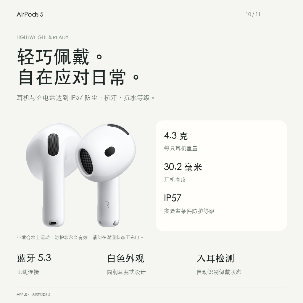 每只4.3克耳机与IP57防护