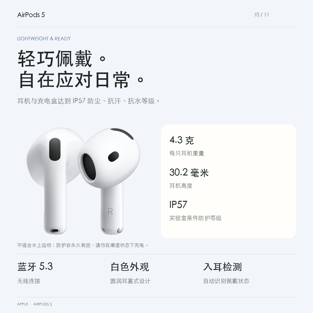 每只4.3克耳机与IP57防护