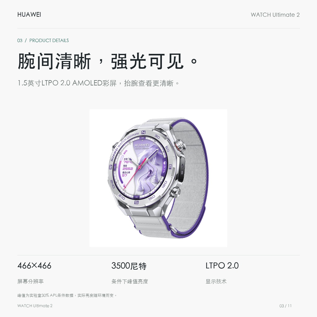 华为 WATCH Ultimate 2 非凡探索 雪域白 腕间清晰，强光可见。