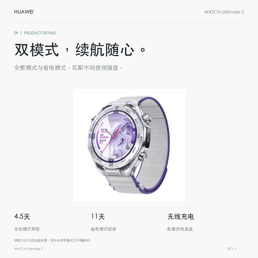 华为 WATCH Ultimate 2 非凡探索 雪域白 双模式，续航随心。