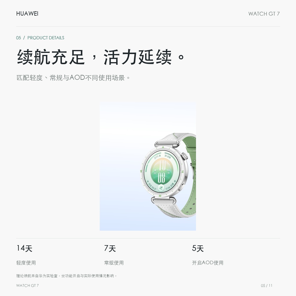 华为 WATCH GT 7 41mm 氟橡胶表带 续航充足，活力延续。
