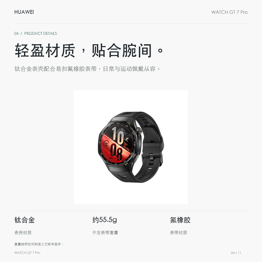 华为 WATCH GT 7 Pro 46mm 氟橡胶表带 轻盈材质，贴合腕间。