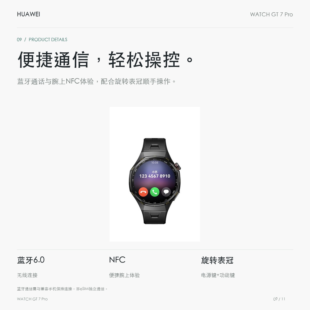 华为 WATCH GT 7 Pro 46mm 氟橡胶表带 便捷通信，轻松操控。