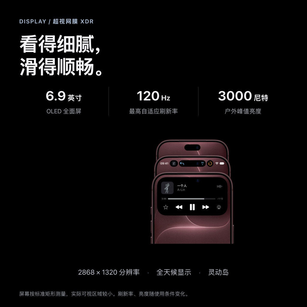 6.9 英寸 OLED 超视网膜 XDR 显示屏，ProMotion 自适应刷新率最高 120Hz，户外峰值亮度 3000 尼特；支持灵动岛与全天候显示。