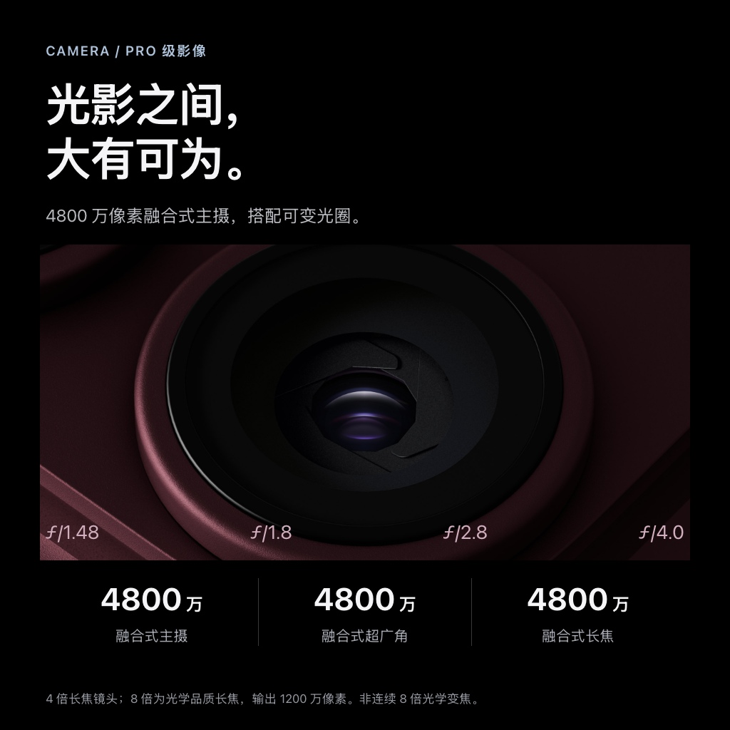 4800 万像素融合式主摄、超广角与长焦，可变光圈支持 ƒ/1.48、ƒ/1.8、ƒ/2.8、ƒ/4.0；支持 8 倍光学品质长焦。