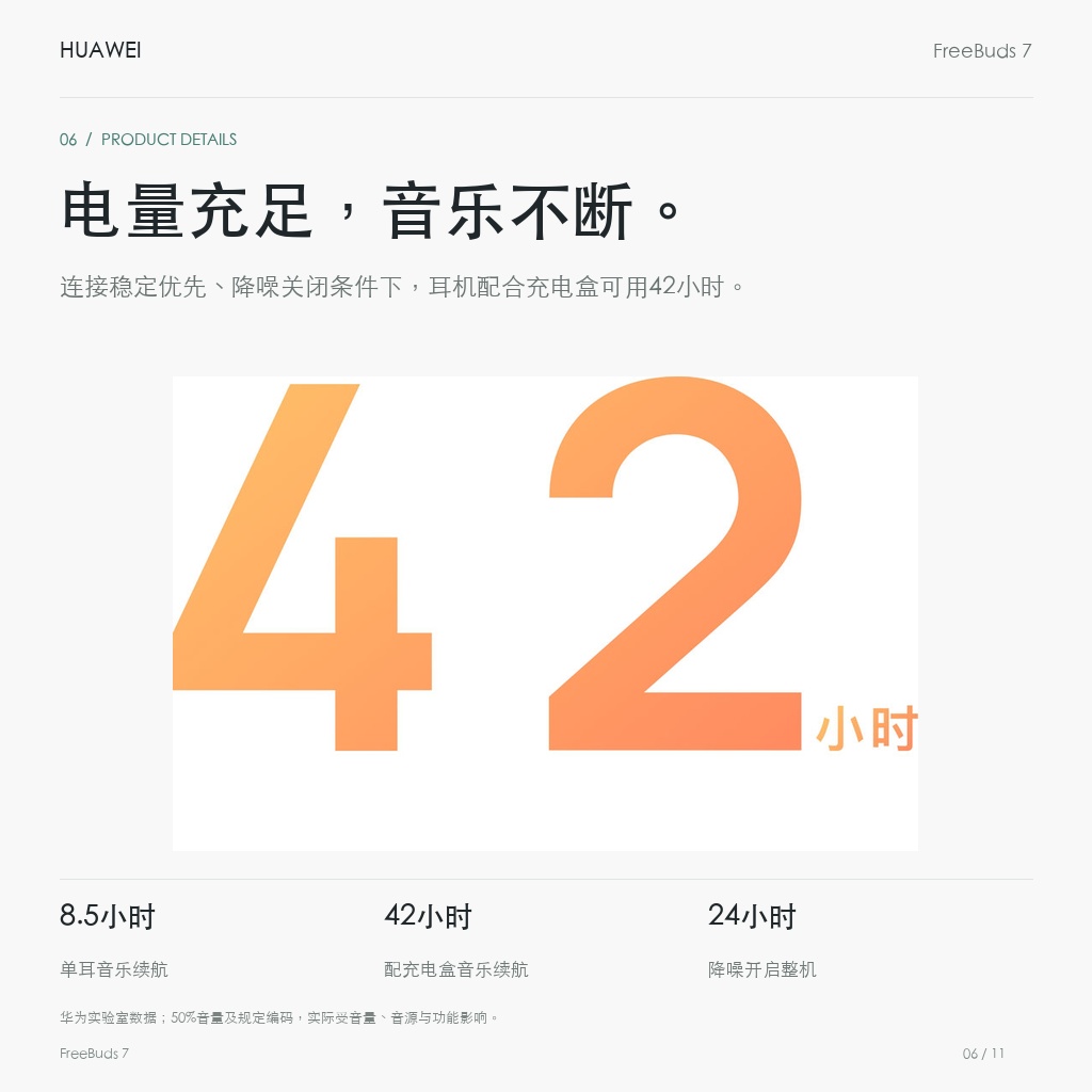 华为 FreeBuds 7 真无线耳机 电量充足，音乐不断。